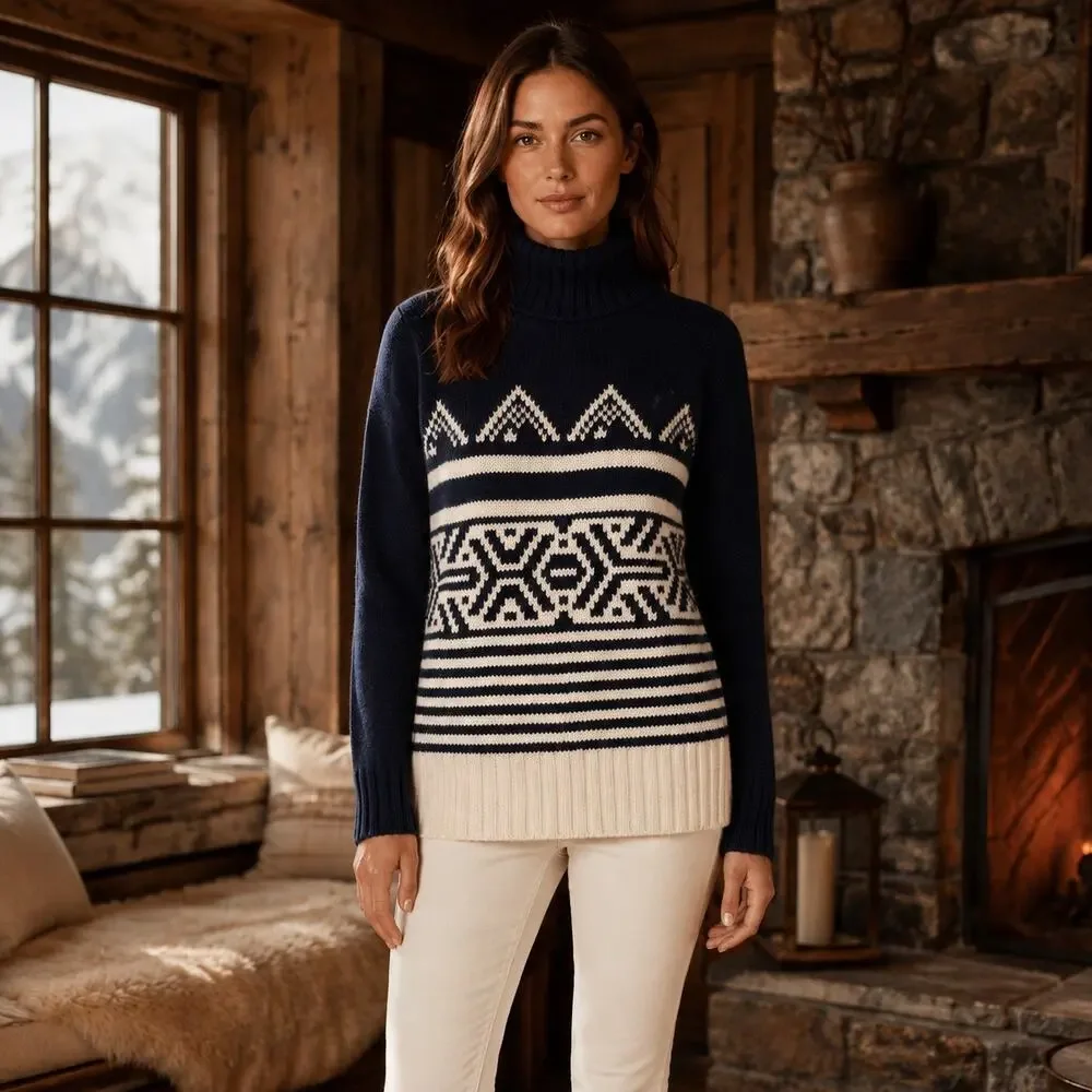 Après Ski Nordic J.Crew Alpine Wool Mohair Turtleneck Sweater Navy Cabincore S